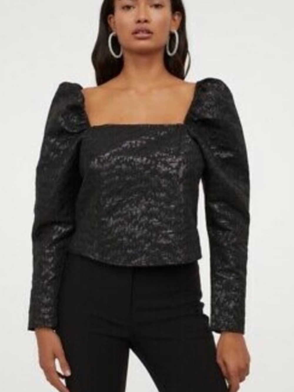 H&M Black Leopard Print Jacquard Puff Sleeve Printed Metallic Corset Top Size XL